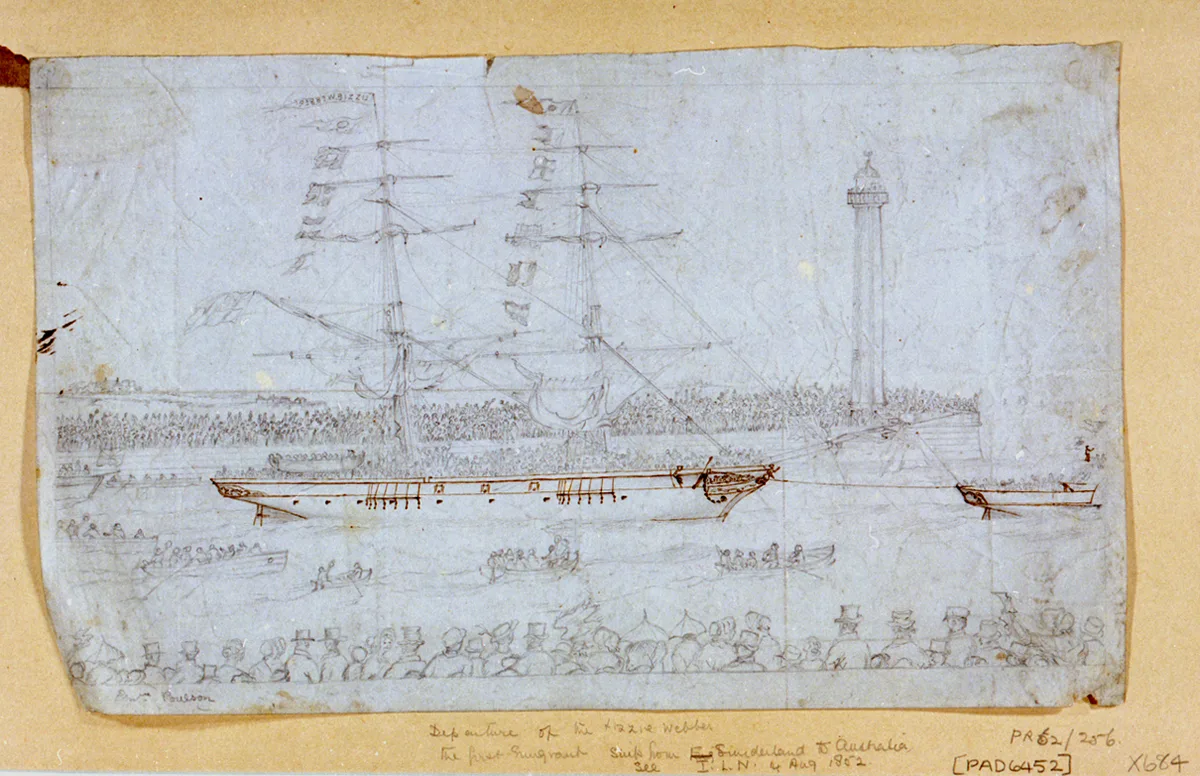 Gravure ancienne représentant le départ d'un navire d'émigrants, la foule massée sur le quai.