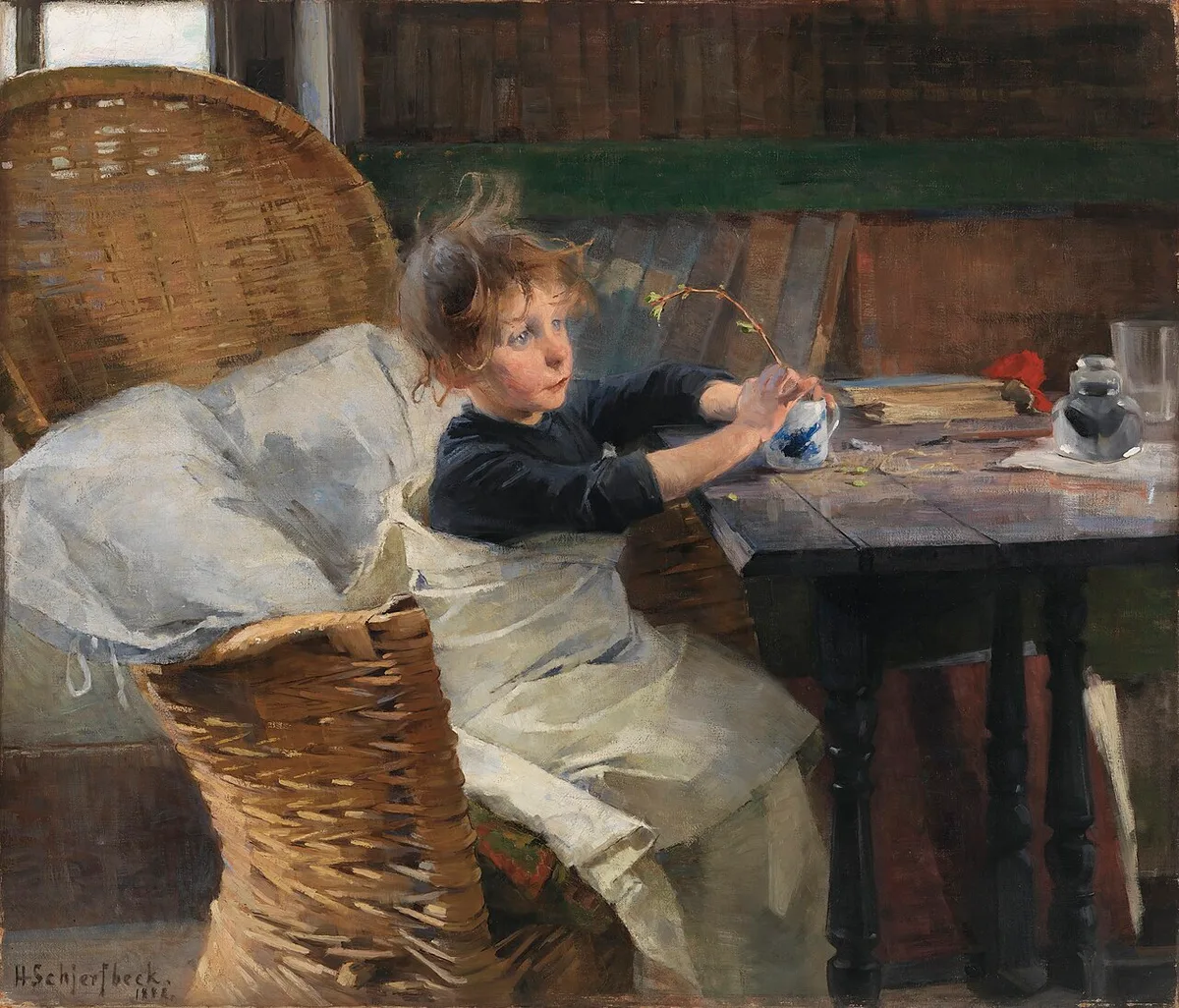 Peinture d'Helene Schjerfbeck : un enfant emmitouflé de blanc, assis dans un grand fauteuil en osier, tenant une branche bourgeonnante.