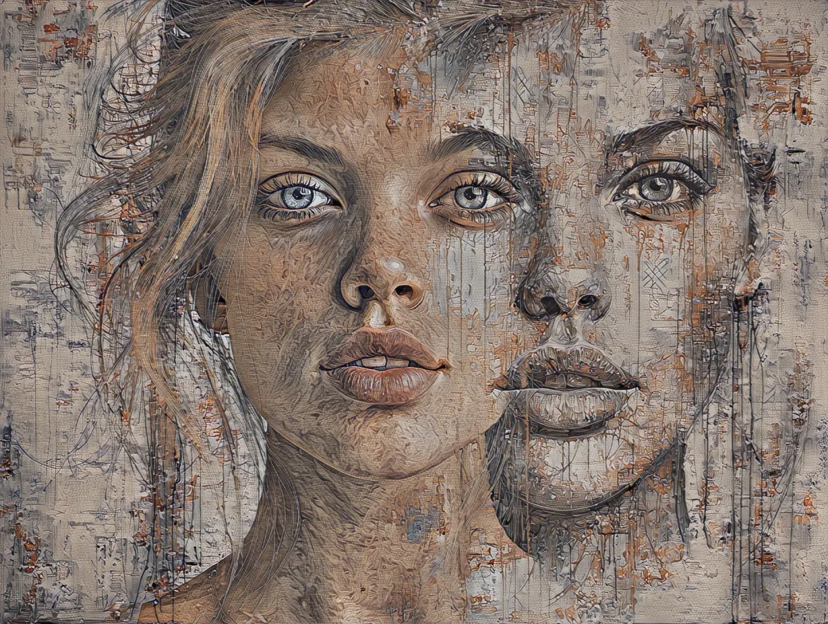 Deux visages d'une même femme peints sur un enduit craquelé : celui de gauche net et présent, celui de droite à demi effacé, repris par le plâtre.