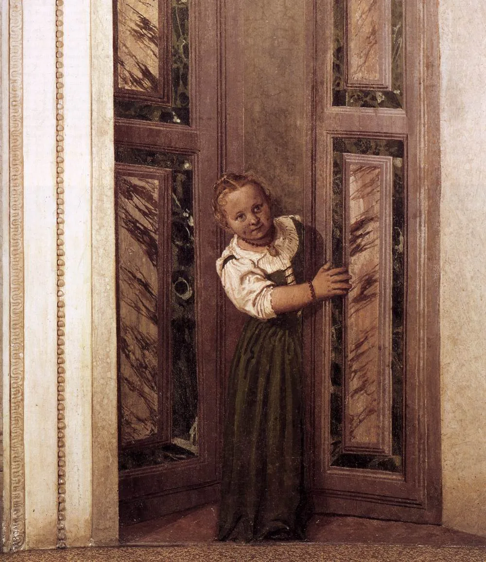 Peinture de Véronèse : une jeune femme se tient dans l'encadrement d'une porte, la main sur le montant.