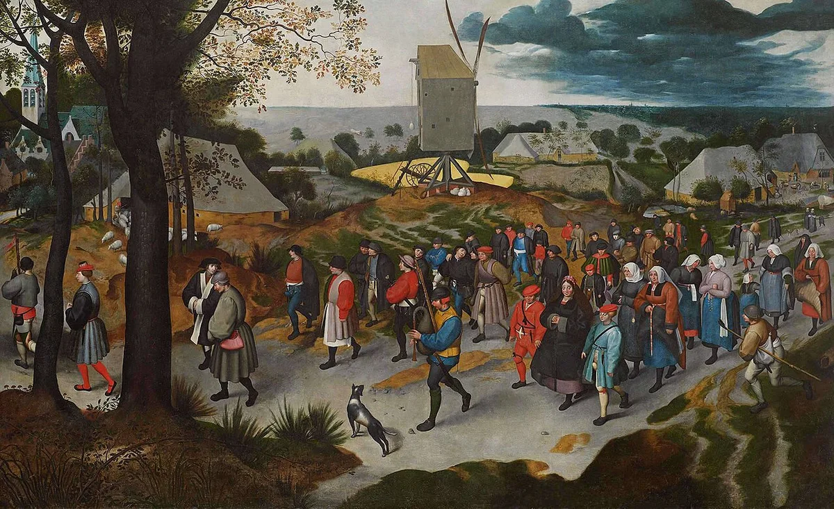 Un cortège de noces peint par Marten van Cleve traverse la campagne devant un moulin à vent.