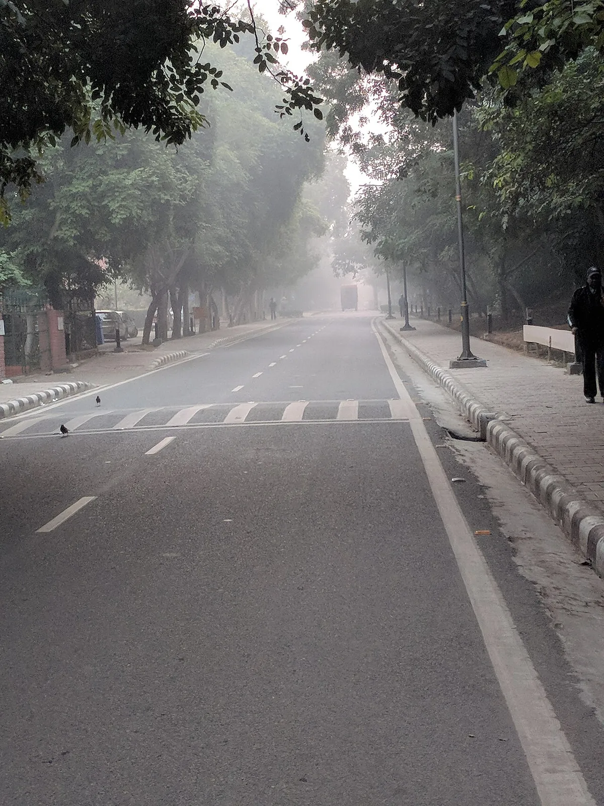 Une route déserte disparaît dans le brouillard un matin d'hiver ; une silhouette marche sur le trottoir.